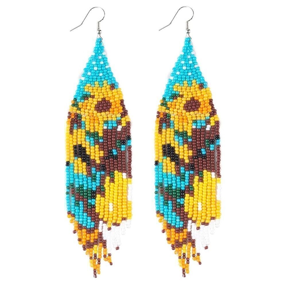 Flower Bohemian Seed Bead Tassel Dangling Statement French Wire Hook Earrings